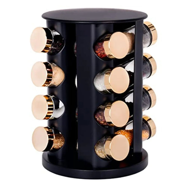 Porta Tempero Inox Redondo com 16 Frascos e Base Giratória Preto com Tampa Dourada