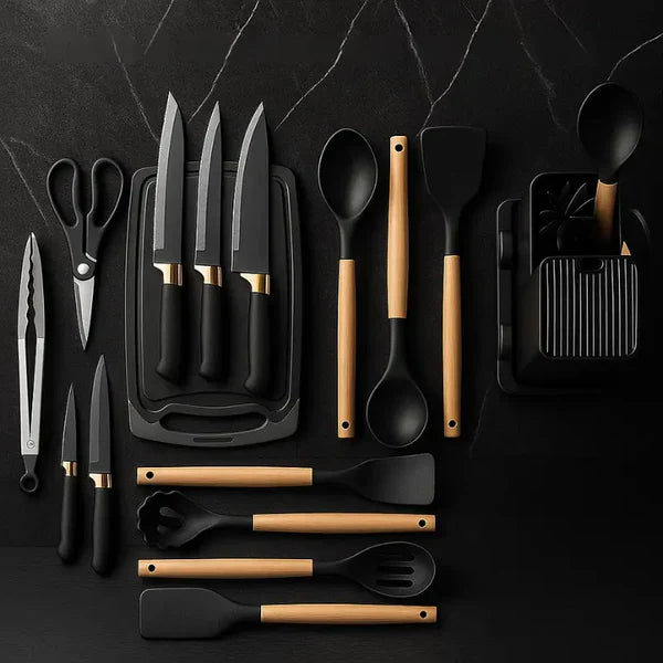 Kit Utensílios de Cozinha 19 Peças Preto Deluxe Gourmet